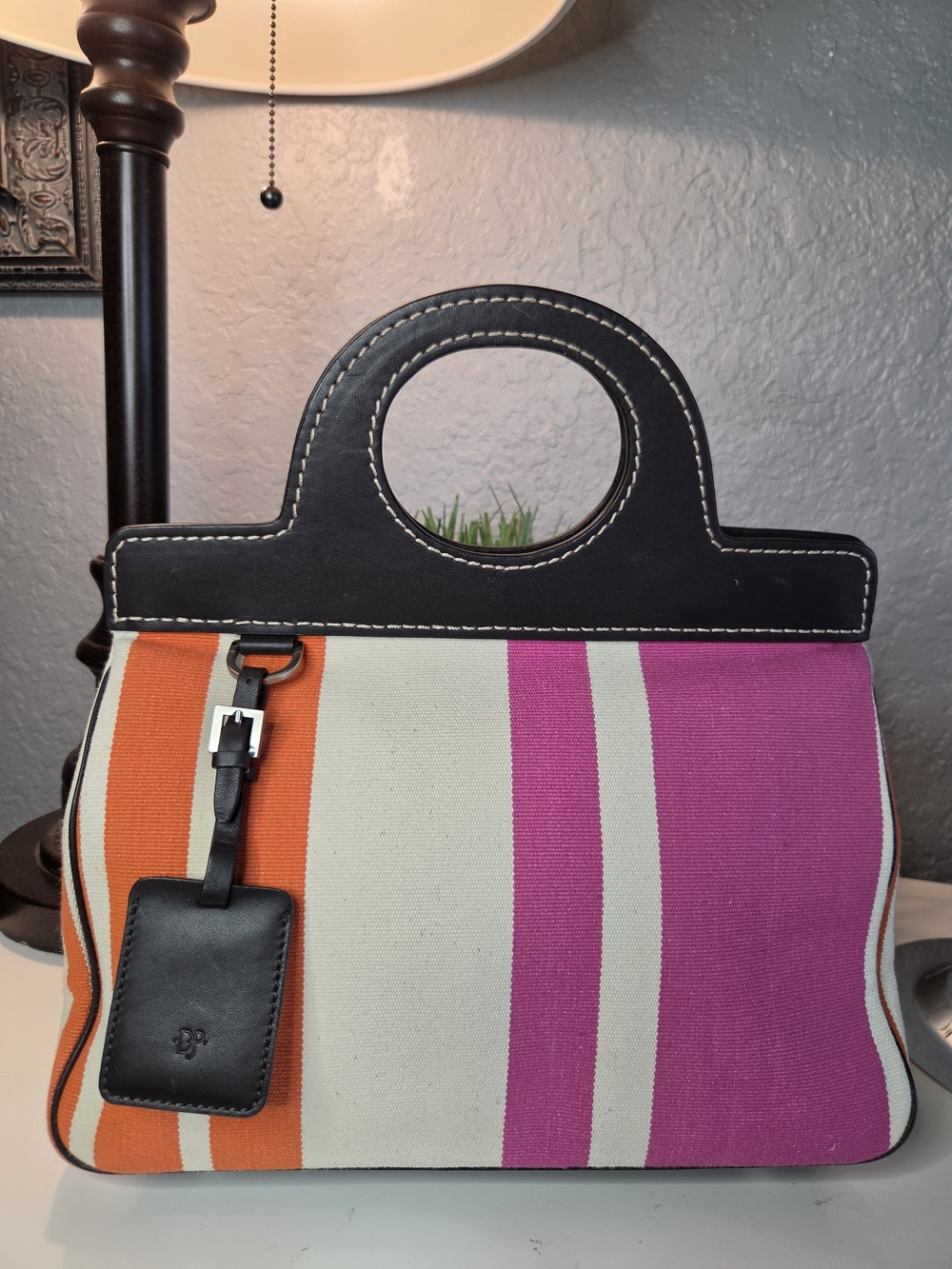 Donald J Pliner Fiesta Stripe Canvas Leather Top Handle Bag Y2K